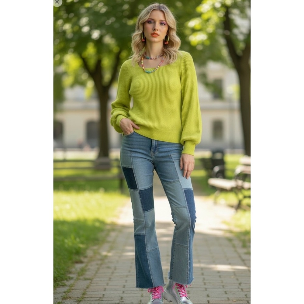NWT Moon River Ribbed Square Neck Sweater L Green